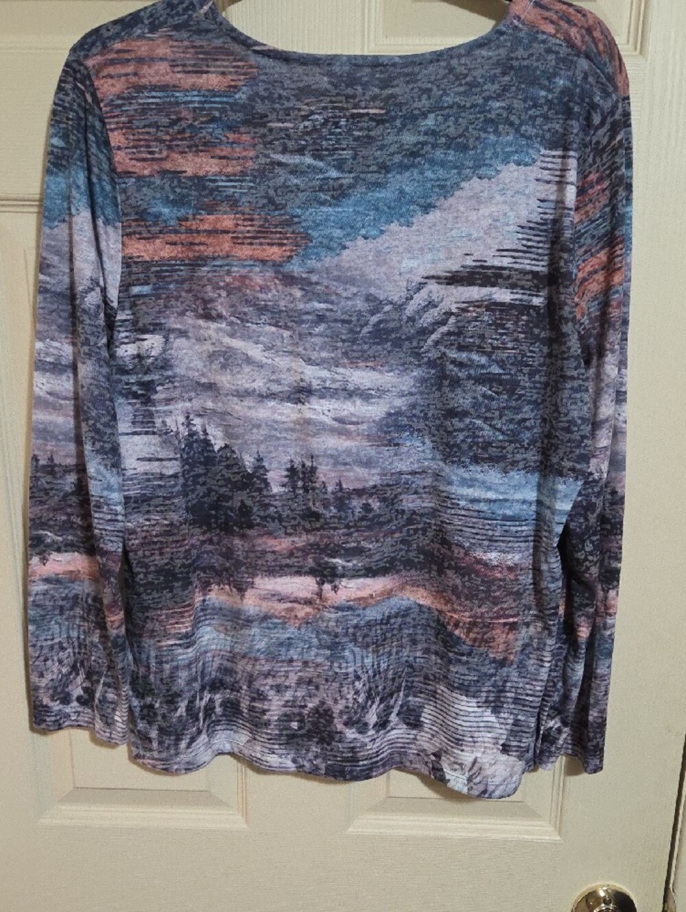 Reflections Scenic Print Long Sleeve Top - Blue Pink Gray - Picture 3 of 3